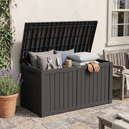 Outdoor Storage Box, 180 Gallon Waterproof Deck Box [Upgraded 3.1], Large Resin Storage with Hydraulic Gas Lifts for Cushions, Lawn Mower Tools Chest Bench, Large Backyard, Black