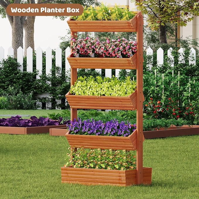 Wooden Raised Garden Bed Vertical Planter Box, Freestanding Plant Stand for Indoor Outdoor Plants, Herbs, Flowers, Vegetables, Gardening (Reddish Brown, 5-Tier，29.9 x 17.9 x 68in)