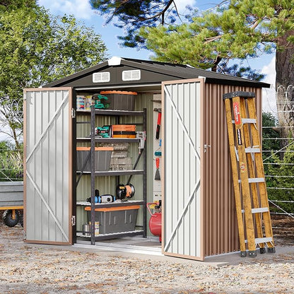 6x4FT Outdoor Storage Shed with Base Brown | Metal Garden Tool Shed with Sloping Roof & Lockable Door for Garden, Patio, Backyard