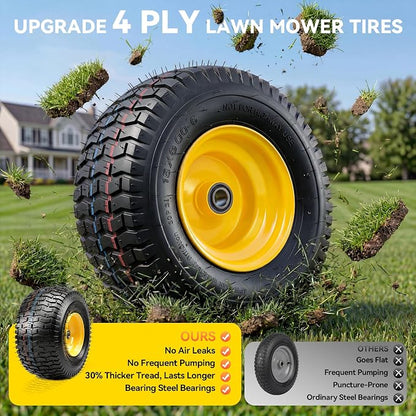 YITAMOTOR 15x6.00-6 Flat Free Lawn Mower Tires & Wheel Assemblies, 4 Ply Pneumatic Front Tires Replacement Fits John Deere, Lawn Tractors, More Riding Mowers | 3" Offset Hub, 3/4" Bearings (2 Pack)