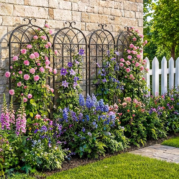 4-Pack 71" Black Metal Garden Trellises with Butterfly Design | Set of 4 black metal trellises with butterfly arch tops, scrollwork, spiked legs, and support for roses, vines, or veggies