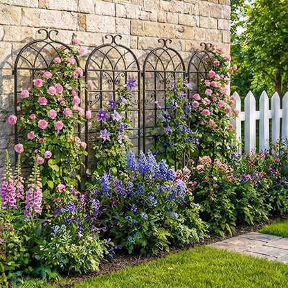 4-Pack 71" Black Metal Garden Trellises with Butterfly Design | Set of 4 black metal trellises with butterfly arch tops, scrollwork, spiked legs, and support for roses, vines, or veggies