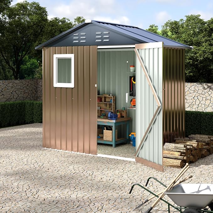 6x4 FT Outdoor Metal Storage Shed with Window – Lockable Doors & Air Vents, Large Garden Tool Shed for Backyard, Patio, Lawn