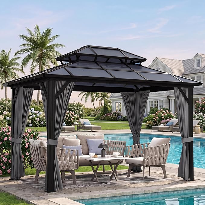 GAOMON 10'x12' Hardtop Gazebo with Polycarbonate Double Roof, Durable Aluminum Frame, Weatherproof & UV Protection for Garden, Patio, Lawn