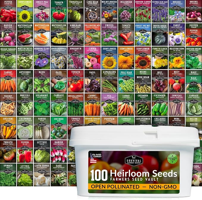 Farmer Seed Vault – 100 Packs of Seed for Heirloom Vegetable Gardens | Non-GMO Vegetables, Fruits, Herbs for Planting – Sealed Kit for Long-Term Emergency Storage - Survival Garden Seeds