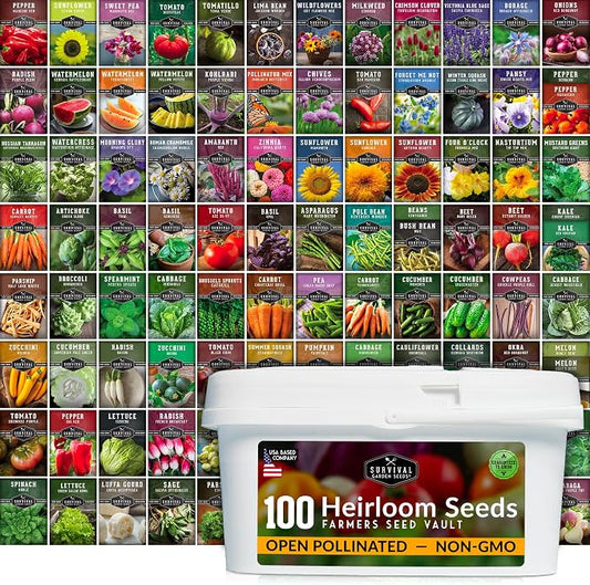 Farmer Seed Vault – 100 Packs of Seed for Heirloom Vegetable Gardens | Non-GMO Vegetables, Fruits, Herbs for Planting – Sealed Kit for Long-Term Emergency Storage - Survival Garden Seeds