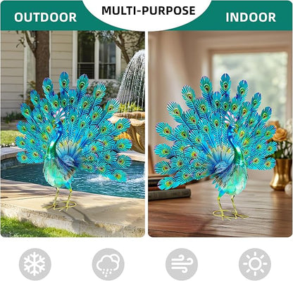 27.5" Metal Peacock Garden Statue with Spread Tail Yard Art | Handmade 3D Textured Peacock Sculpture, Outdoor Metal Yard Art for Patio, Garden, Entryway Decoration.
