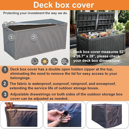 Deck Box Cover - Outdoor Storage Box Cover 130 Gallon, Heavy Duty 600D Oxford Cloth Water And Dust Resistant, Size 52 x26.7 x 28 Inches Fits Most Patio Box.