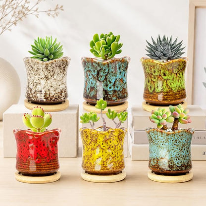 Succulent Pots with Drainage Tray, Cute Ceramic Pots for Plants Set of 6