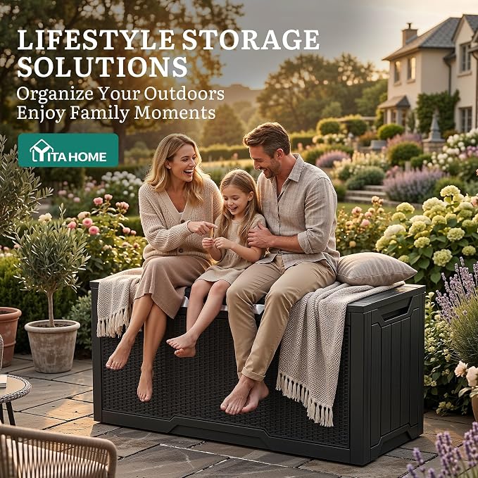 YITAHOME 80 Gallon Outdoor Storage Box | Large Water Resistant Resin Deck Box w/Silver Decorative PVC Trim Panel, Lockable Rattan Storage Container for Patio, Garden
