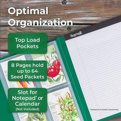 Samsill Seed Organizer, 4 Pocket Reusable Garden Storage Protector, 3.5" x 5" Clear Sleeves, Planner, 32 Pockets, Holds Up to 64 Packets, Green
