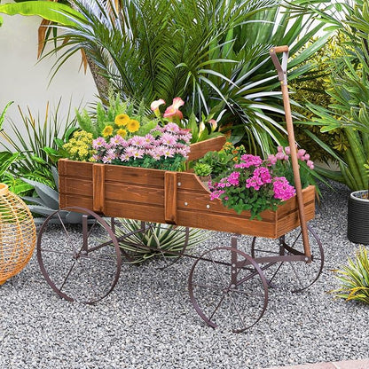 Wooden Wagon Planter, Decorative Flower Pots w/ 2 Planting Sections, Wheels & Handle, Rustic Farmhouse Garden Planter Box for Patio, Yard, Porch (Walnut)