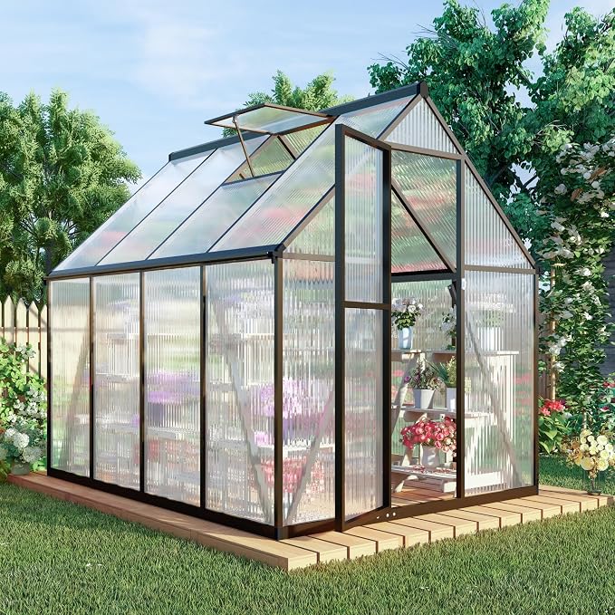 6 x 8 FT Greenhouse for Outdoors, Polycarbonate Greenhouse with Quick Setup Structure and Roof Vent, Aluminum Large Walk-in Green House for Outside Garden Backyard, Dark Gray