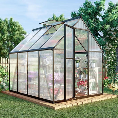 6 x 8 FT Greenhouse for Outdoors, Polycarbonate Greenhouse with Quick Setup Structure and Roof Vent, Aluminum Large Walk-in Green House for Outside Garden Backyard, Dark Gray
