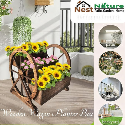 3 Tier Large Wooden Wagon Planter Box|Outdoor Planter/Flower Pot for Indoor&Outdoor Plants-Rustic Garden Planter for Patio,Porch&Garden Decor-Raised Garden Bed for Succulents,Herbs,Vegetables