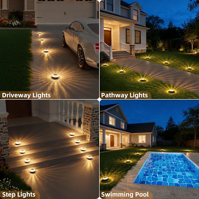VOLISUN Solar Ground Lights Outdoor,16 Pack Flat Solar Pathway Lights,IP67 Waterproof Solar Powered Disc Lights,Landscape Lighting for Garden Yard Walkway Patio Driveway,Warm White