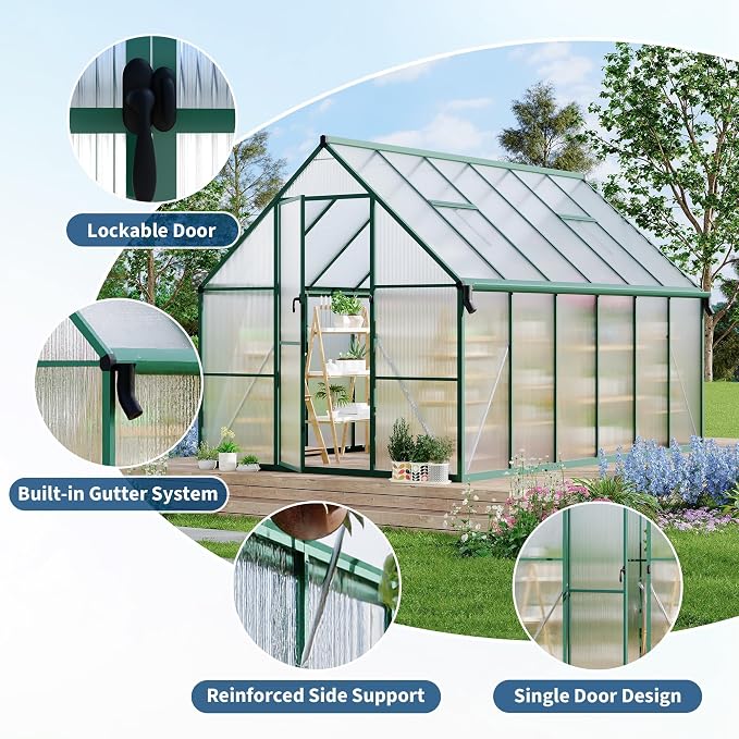 CABIHOME 8x12 FT Outdoor Greenhouse, Polycarbonate Greenhouse with Roof Vent and Ground Nails, Aluminum Large Walk-in Green House w/ Lockable Push Door for Outdoor Garden (Olive, 8x12 FT)