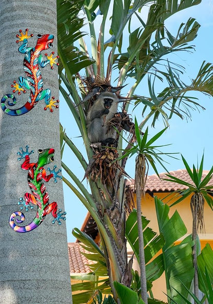Meduofon Set of 2 Large Metal Gecko Wall Decor, Outdoor Lizard Wall Art Upgrade Handmade Hanging Sculpture Decoration for Indoor Outdoor Home Garden Yard Fence Patio (2PC Large Gecko)