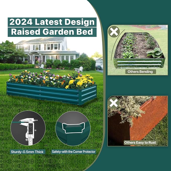 2Pcs Raised Garden Bed - 2 Pack Large Metal Planter Boxes for Vegetables, Flowers, and Herbs - Includes 2 3ft x 30ft Weed Barrier Fabric and 1 Pair of Gloves - Green (8x4x1ft, 2pcs)