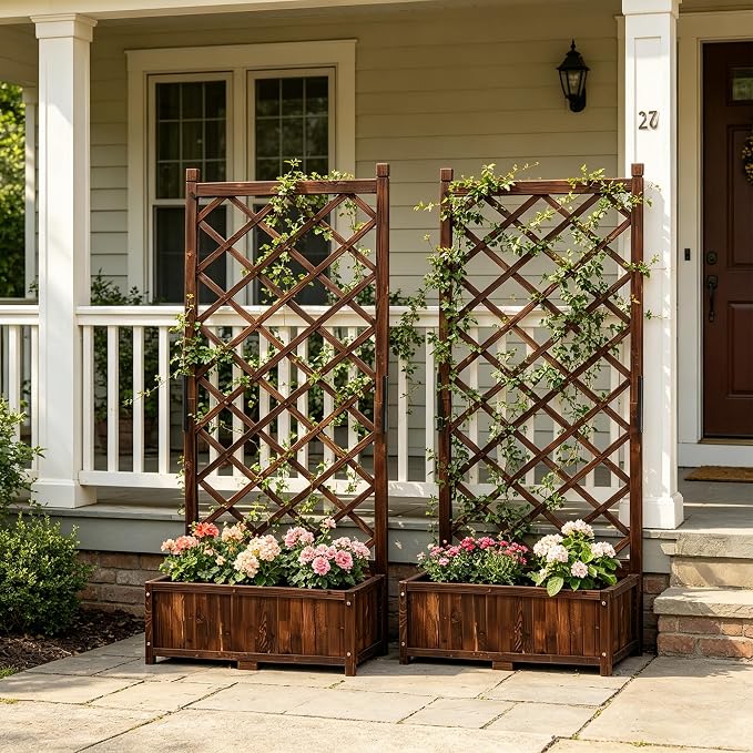 Anraja Raised Garden Bed with Trellis Wooden Flower Standing Planter Box Set of 2 Outdoor Wood Compact Lattice Panels Privacy Screen for Climbing Plant Patio Tomato Vegetable Herb Balcony Porch 67" H