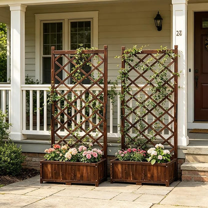 Anraja Raised Garden Bed with Trellis Wooden Flower Standing Planter Box Set of 2 Outdoor Wood Compact Lattice Panels Privacy Screen for Climbing Plant Patio Tomato Vegetable Herb Balcony Porch 67" H