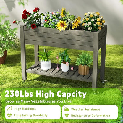 Elevated Raised Garden Bed with Wheels,Outdoor Large Resin Patio Planter Box Stand Divisible with Drain Plug,Water Monitor for Plants Vegetables Flowers Fruits(Grey,43.31 * 17.72 * 33.66)