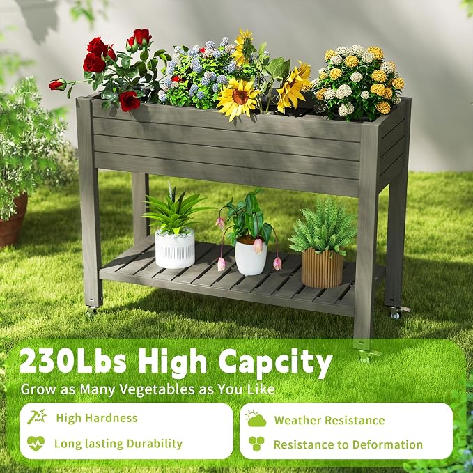 PatioZen Raised Garden Bed with Legs, 33.66" Tall Self-Watering Resin Planter Box with Lockable Wheels Drainage Plug and Gauge for Vegetables, Flowers, Storage Shelf for Tools and Accessories (Grey)