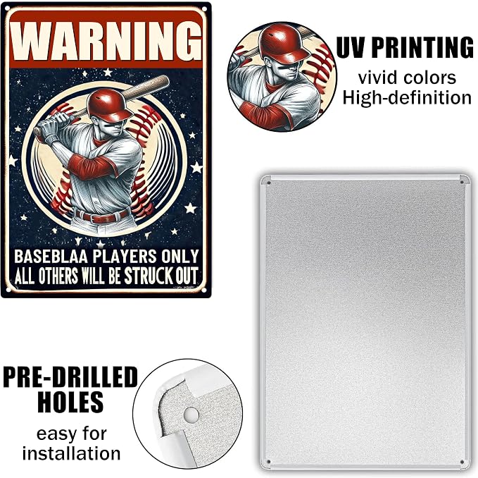 Funny Metal Signs Baseball Poster-Baseball Gifts for Boys,Baseball Gifts for Boys 8-12,Warning Baseball Players Only Sign Boy Room Decorations for Bedroom 8x12 Inches