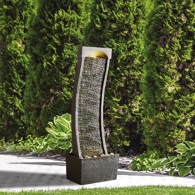 Teamson Home 38.58 in. Modern Curved Faux Slate Waterfall Fountain for Indoors or Outdoors with LED Light Accents and 1.98-Gallon Pump, Black and Stone Gray | Freestanding Floor Garden Waterfall, LED Lights, Weatherproof Polyresin, For Patio & Yard