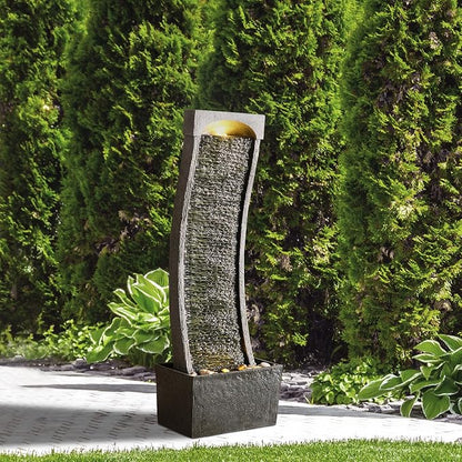 Teamson Home 38.58 in. Modern Curved Faux Slate Waterfall Fountain for Indoors or Outdoors with LED Light Accents and 1.98-Gallon Pump, Black and Stone Gray | Freestanding Floor Garden Waterfall, LED Lights, Weatherproof Polyresin, For Patio & Yard