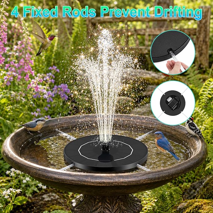 3.5W Solar Fountain Pump, Solar Bird Bath Fountain with 6 Green & 6 Black & 6 Blue Nozzles, Solar Water Pump for Outdoor Garden Patio Small Pond Fish Tank Landscape Decoration