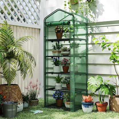 Giantex Mini Greenhouse Indoor Outdoor, 27" x 19" x 75" Portable Plant Grow House with 5 Tier Shelves, PE Cover, Roll-Up Zipper Door, Rustproof Elector-Coating Metal Frame for Patio Balcony Garden