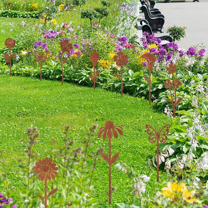 10 Pcs Rusty Metal Flowers and Plants, Rusty Rustic Metal Flowers Signs for Outside Yard Art Gift for Yard Decorative Garden Stakes Potted Plants Walkway and Garden
