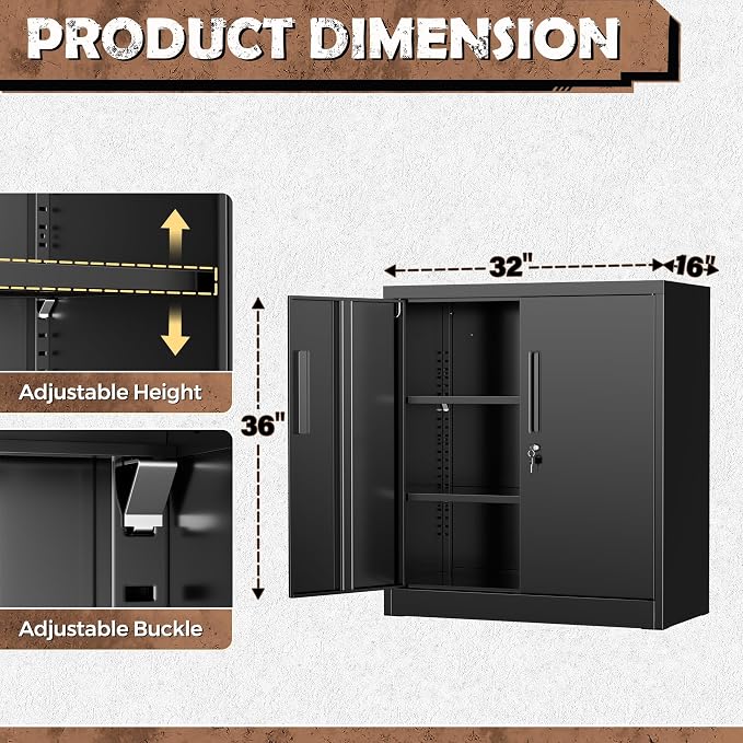 INTERGREAT Steel Storage Cabinet with Lock, Lockable Metal Storage Cabinets with 2 Adjustable Shelves, Black Counter Height Garage Cabinet