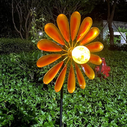 44.48in Orange Solar Daisy Wind Spinner, Metal Stake with Warm White LED Globe Lights