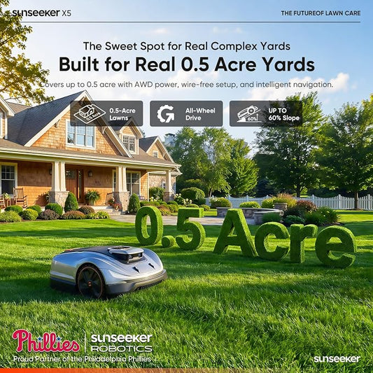 Sunseeker X5 AWD Robot Lawn Mower, 0.5 Acre / 21,780 Sq. Ft., Wireless No Boundary Wire Mower with RTK Vision Navigation, AI Obstacle Avoidance, App Control