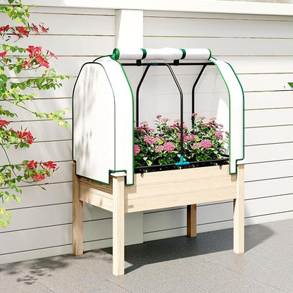 Outsunny Raised Garden Bed with PE Greenhouse Cover Outdoor Elevated Wood Planter Box for Herbs and Vegetables, Use for Patio, Backyard, Balcony, 35 x 22 x 47 inch, Natural