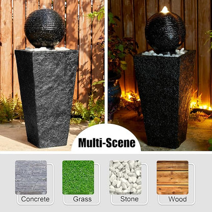 Glitzhome Outdoor Water Fountain with LED Light & Pump, Black Pedestal Sphere Fountain Decorative Water Fountains, Modern Waterfall Floor Fountain with Pebbles for Garden Patio Decor Porch, 31.75”H