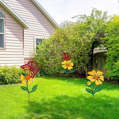 3 Pack Butterfly&Flower Metal Flowers for Outside & Decorative Garden Stakes - Metal Yard Art Outdoor and Garden with Rustproof Design | Spring Lawn Ornaments for Porch,Backyard，Patio