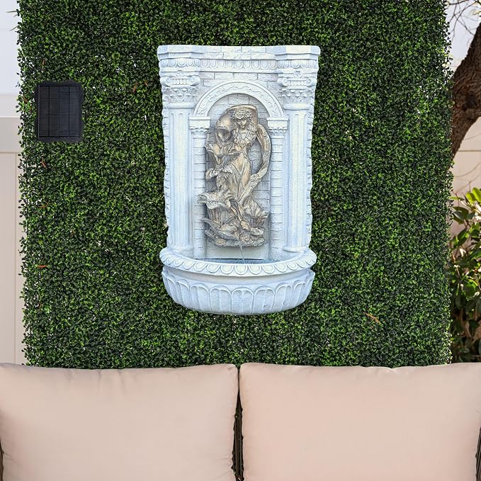 XBrand 30.3" Solar-Powered Wall Fountain with Gold Flower Maiden Statue, Antique Stone Waterfall Design for Garden, Yard Décor & Bird Bath, Polyresin