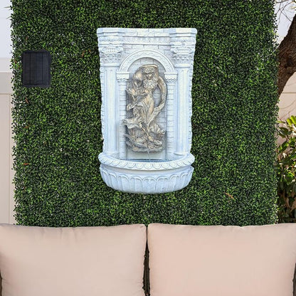 XBrand 30.3" Solar-Powered Wall Fountain with Gold Flower Maiden Statue, Antique Stone Waterfall Design for Garden, Yard Décor & Bird Bath, Polyresin