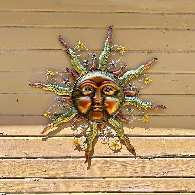 TERESA'S COLLECTIONS Sun Metal Wall Art for Outdoor Decor,25" Bronze Sun Face 3D Wall Decor for Garden Decor,Rustic Retro Hanging Sculpture for Outside Living Room Home Patio Farmhouse Gifts for Mom