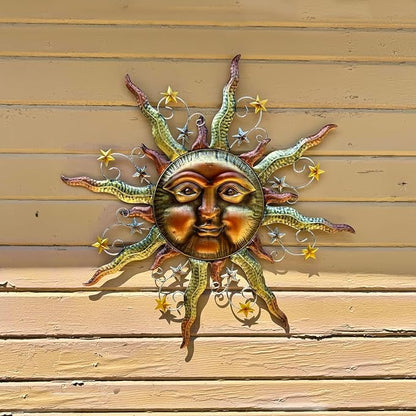 TERESA'S COLLECTIONS Sun Metal Wall Art for Outdoor Decor,32" Bronze Sun Face 3D Wall Decor for Garden Decor,Rustic Retro Hanging Sculpture for Outside Living Room Home Patio Farmhouse Gifts for Mom