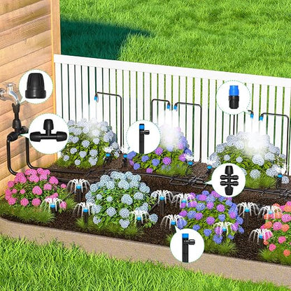 MIXC 230FT Quick-Connect Drip Irrigation System Kit, Automatic Garden Watering System with 1/4" & 1/2" Fast-Lock Tubing - Adjustable Nozzles & Sprinklers for Garden, Greenhouse, Lawn, Potted Plants