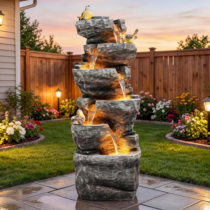 39.4" Stacked Rock Outdoor Fountain LED 6-Tier Bird Waterfall | hand-carved stone with birds, garden patio porch backyard