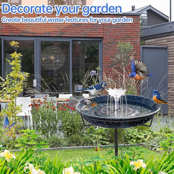 Yiabivo Solar Powered Bird Bath with Fountains for Hummingbirds,Stable Stylish Design with 5-Prong Base Stake Metal Bird Bath for Outside Yard Lawn Patio Garden(Blue)