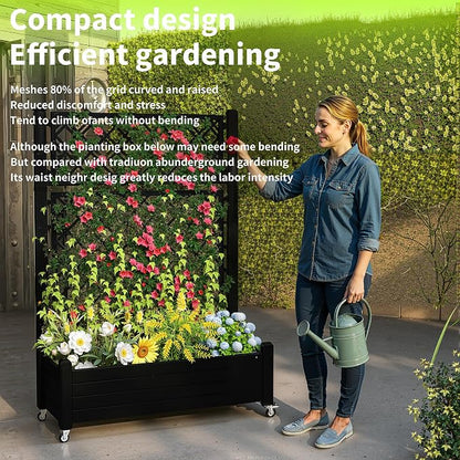 PatioZen Raised Garden Bed with Trellis, 21 Gallon Self Watering Planter Box with Lockable Wheels & Drainage Holes for Climbing Plants Vegetables Flowers, Anti-Rust Resin for Backyard Patio (Black)
