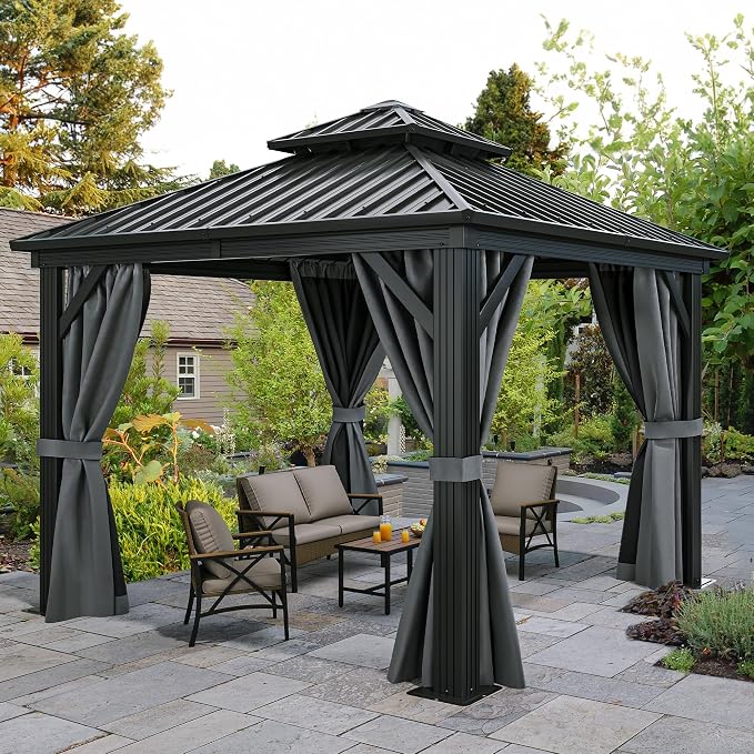 YITAHOME 10x10ft Hardtop Gazebo Outdoor Canopy with Nettings and Curtains | Heavy Duty Double Roof Galvanized Steel Outdoor Combined of Vertical Stripes Roof for Patio, Backyard, Deck, Lawns, Gray