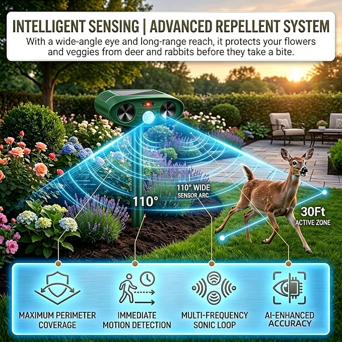 4 Pack Solar Ultrasonic Animal Repellent Outdoor Deer Repellent Devices Squirrel Cat Deterrent with Motion Sensor Waterproof Rabbit Repellent Raccoon Fortress Pro for Plants Garden Yard