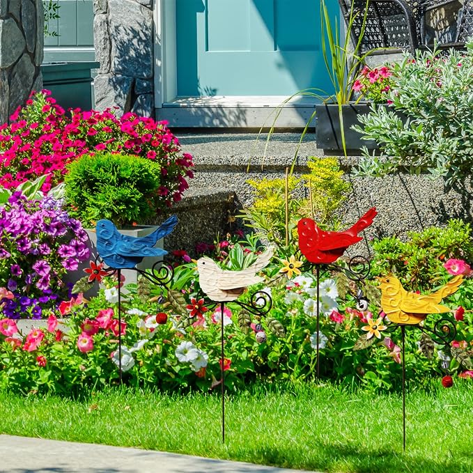KEDONCHEN.4 Pack Metal Bird Decorative Garden Stakes, Spring Garden Decor,Indoor Outdoor Lawn Pathway Patio Ornaments, 14.2 Inch Outdoor Metal Garden Decor Shaking Head Yard Art …